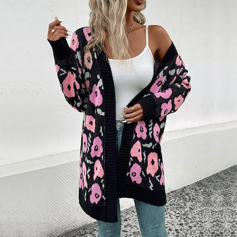 Dames Casual Gebreid Vest Lange Mouwen Open Voorkant Bloemen Jacquard Ruime Pasvorm Lange Bovenkleding Top