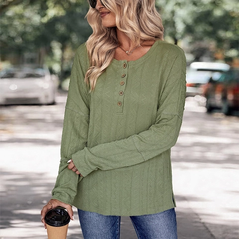 Women Casual Long Sleeve Henley Knit Top Button Decor Sage Green Jacquard Waffle Texture Soft Comfortable T-Shirt For Autumn