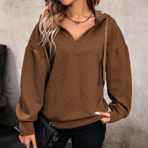 Women's Maillard Textured Knitted V-Neck Hoodie Loose Long Sleeve Pullover Drop Shoulder Sweatshirt Autumn Winter Casual Top