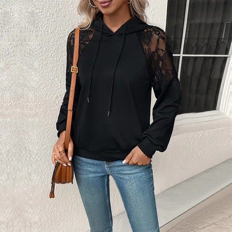 Women Casual Black Long Sleeve Lace Patchwork Hoodie Sweatshirt With Drawstring Hood Fashion Solid Color Pullover Top