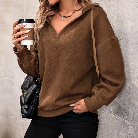 Women's Maillard Textured Knitted V-Neck Hoodie Loose Long Sleeve Pullover Drop Shoulder Sweatshirt Autumn Winter Casual Top