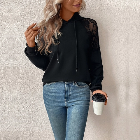 Women Casual Black Long Sleeve Lace Patchwork Hoodie Sweatshirt With Drawstring Hood Fashion Solid Color Pullover Top