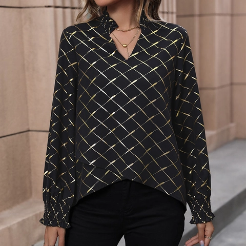 Elegante Blusa de Manga Larga con Cuello en V para Mujer Estampado de Cuadrícula Dorada Bronceadora Dobladillo Irregular Camisa Pullover Cuello con Volantes Top de Moda