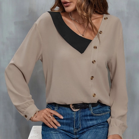Chemise à Manches Longues et Col en V Asymétrique pour Femmes Patchwork Color Block Blouse avec Boutons Décoratifs Navettage Élégant Top en Polyester