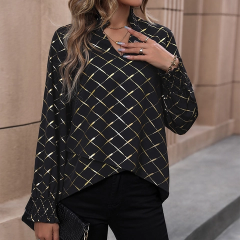 Elegante Blusa de Manga Larga con Cuello en V para Mujer Estampado de Cuadrícula Dorada Bronceadora Dobladillo Irregular Camisa Pullover Cuello con Volantes Top de Moda