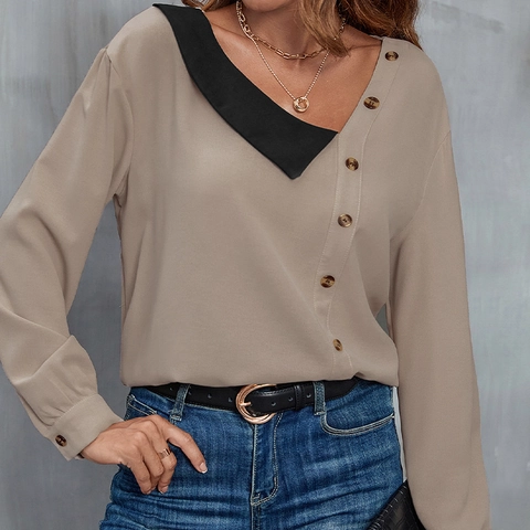Chemise à Manches Longues et Col en V Asymétrique pour Femmes Patchwork Color Block Blouse avec Boutons Décoratifs Navettage Élégant Top en Polyester