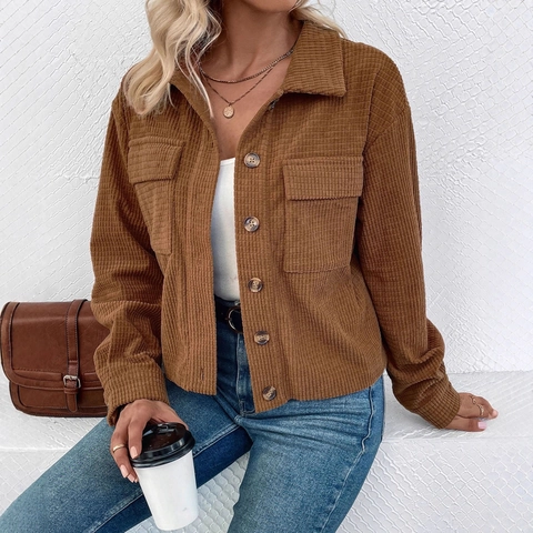 Giacca in Velluto a Coste Vintage da Donna Marrone Manica Lunga Monopetto Con Tasche a Patta Capispalla Casual Autunno Inverno