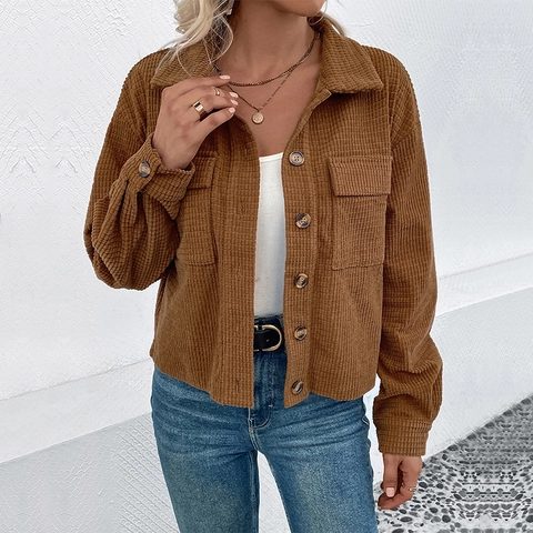 Giacca in Velluto a Coste Vintage da Donna Marrone Manica Lunga Monopetto Con Tasche a Patta Capispalla Casual Autunno Inverno