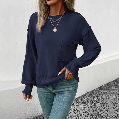 Women Casual Round Neck Knitted Sweater Loose Long Sleeve Pullover With Pocket Exposed Seam Detail Autumn Winter Top