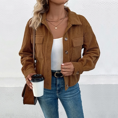Women Casual Corduroy Jacket Vintage Solid Brown Lapel Button Down Shacket With Pockets Short Autumn Winter Outerwear Top