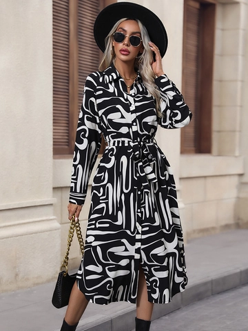 Robe Chemise Femme Manches Longues Imprimé Abstrait Avec Ceinture Col Revers Boutonné Robe Midi Pour Bureau Décontracté Streetwear