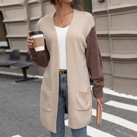 Women Color Block Knitted Cardigan Sweater Long Sleeve Open Front Outerwear With Large Pockets Loose Casual Autumn Knit Coat
