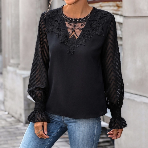 Damen Elegant Schwarz Spitze Patchwork Bluse Langarm Durchsichtig Netz Top Häkeln Rundhals Casual Pendler Hemd