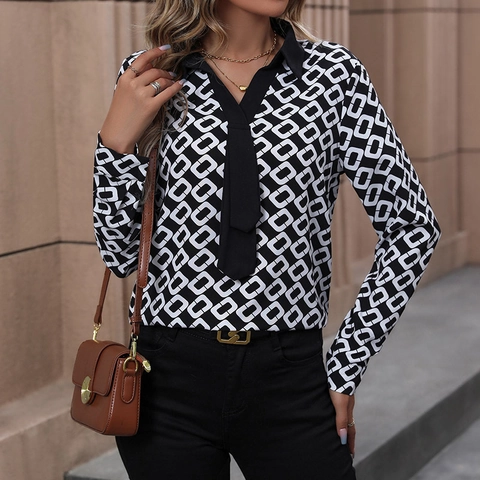Damen Eleganter Geometrischer Kettendruck Langarm Bluse V-Ausschnitt Kontrastrevers Pullover Hemd Mit Bindeband Pendler Top