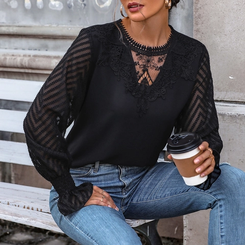 Damen Elegant Schwarz Spitze Patchwork Bluse Langarm Durchsichtig Netz Top Häkeln Rundhals Casual Pendler Hemd