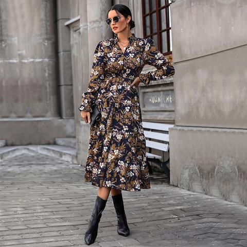 Damen Elegant Geblümt Bedruckt Langarm Kleid V-Ausschnitt Rüschen Stufenrock Midi Kleid Marineblau Polyester Pendeln Kleid