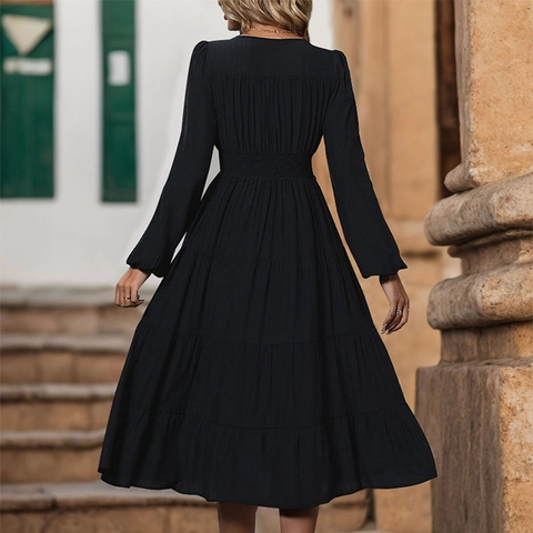 Damen Elegantes V-Ausschnitt Gestuftes Maxikleid Langarm Knopfleiste Hohe Taille Schlitz Casual Langes Kleid
