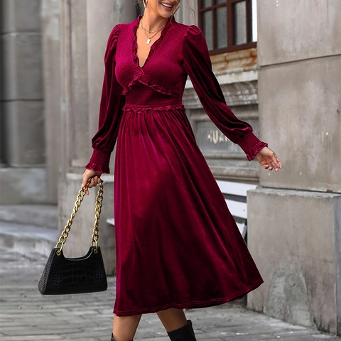 Elegantes Burgund Samt Midikleid Für Damen V-Ausschnitt Rüschen Smok-Taille Langarm A-Linie Party Abendkleid