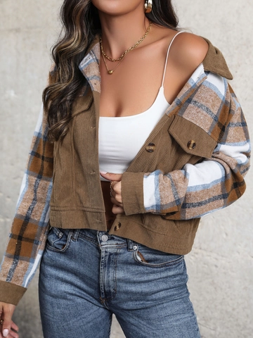 Giacca da Donna Vintage in Velluto a Coste con Patchwork a Quadri Casual Revers Monopetto Manica Lunga Capispalla Corto Con Tasche