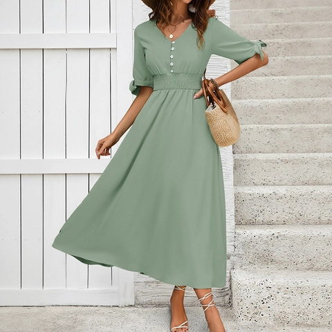 Vestido Midi Elegante Con Cuello en V Para Mujer Manga Corta Lazo Cintura Fruncida Línea A Verano Color Sólido Botón Vestido