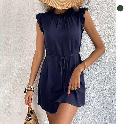Women's Summer Ruffle Sleeve Sleeveless Mini Dress Viscose Solid Color Crew Neck Tie Waist Elegant Casual Beach Vacation Party Dress