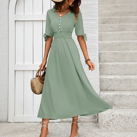 Vestido Midi Elegante Con Cuello en V Para Mujer Manga Corta Lazo Cintura Fruncida Línea A Verano Color Sólido Botón Vestido
