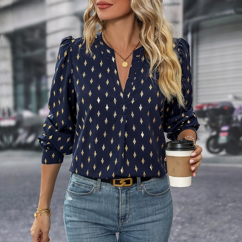 Camicetta da Donna Elegante con Scollo a V e Maniche Lunghe con Motivo Geometrico a Diamante Dorato Camicia a Pullover