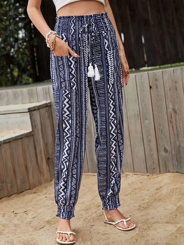 Damen Boho Geometrischer Druck Hohe Taille Haremshose Ethnisch Tribal Kordelzug Quasten Gesmokte Jogginghose Mit Taschen Strand Lässig