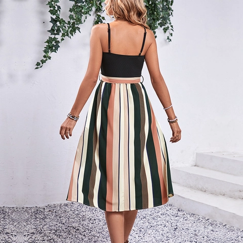 Vestido Cami Patchwork Elegante para Mujer Rayas Verticales Línea A Midi Con Cadena Decorativa Vestido de Verano Sin Mangas con Cinturón
