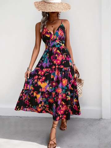 Abito Lungo da Donna con Scollo a V Spalline Sottili Stampa Astratta Schiena Scoperta Gonna a Balze Boho Spiaggia Vacanza