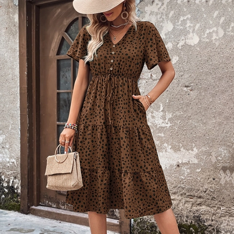 Women Casual V Neck Flutter Sleeve Printed Tiered Midi Dress Summer Vacation Polyester Leopard Polka Dot A Line Dress