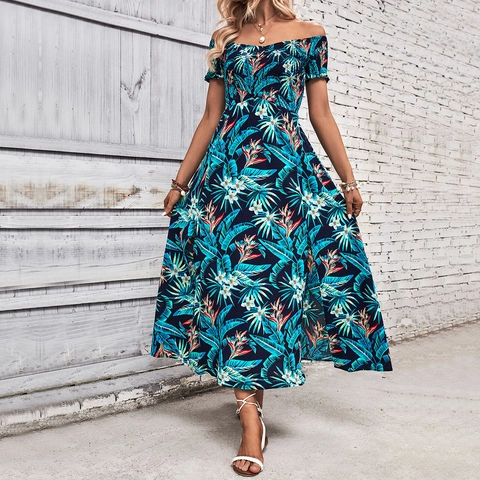 Damen Schulterfrei Tropisch Floral Maxi Kleid Sommer Strand Urlaub Gesmokte Taille Schlitz Langes Kleid Navy Blau Polyester