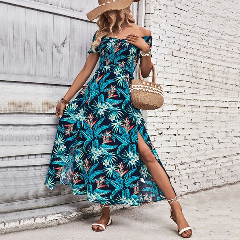 Damen Schulterfrei Tropisch Floral Maxi Kleid Sommer Strand Urlaub Gesmokte Taille Schlitz Langes Kleid Navy Blau Polyester