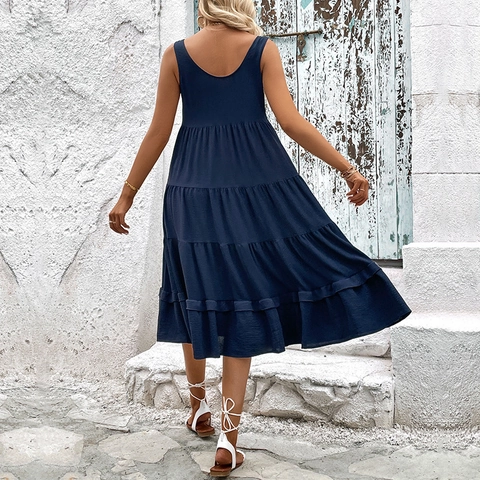 Vestido de Verano sin Mangas para Mujer en Capas Midi Elegante Cuello Redondo Decoración de Botones Casual Vacaciones Color Sólido