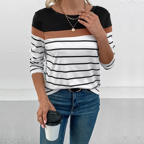 Camiseta de Manga Larga a Rayas Casual para Mujer Color en Contraste Cuello Redondo Slim Fit 100% Poliéster