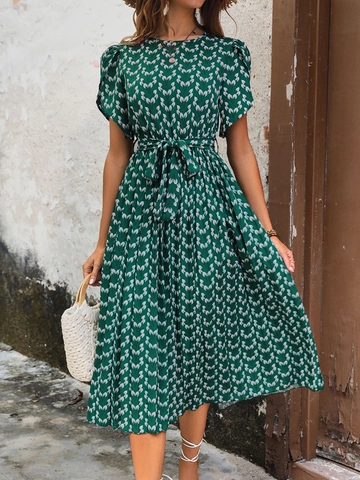 Women Elegant Tulip Floral Print Midi Dress Round Neck Short Petal Sleeve Pleated A-Line Dress With Belt Summer Casual Outfits