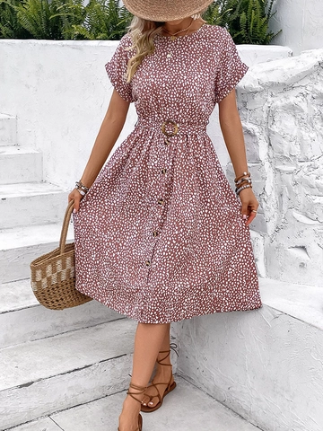 Women's Casual Short Sleeve Polka Dot Print Midi Dress Elegant Round Neck Button Up A-Line Dress With Belt For Summer Vacation