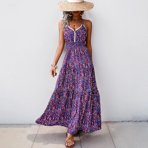 Böhmisches Blumen Neckholder Maxi Kleid Mit Spitzenbesatz V-Ausschnitt Hohe Taille Schlitz Sommer Strand Urlaub Damen Lang Kleid