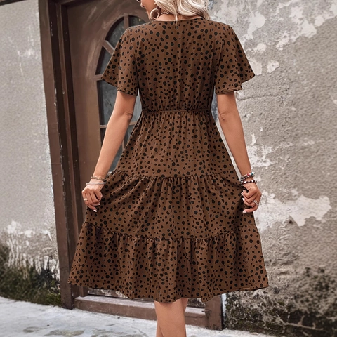 Women Casual V Neck Flutter Sleeve Printed Tiered Midi Dress Summer Vacation Polyester Leopard Polka Dot A Line Dress