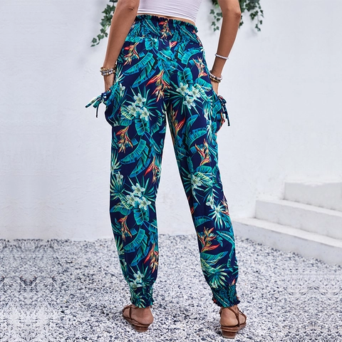 Pantaloni Cargo Donna Stampa Tropicale Vita Alta Arricciata Joggers Con Tasche Boho Streetwear Estate Casual Pantaloni Lunghi