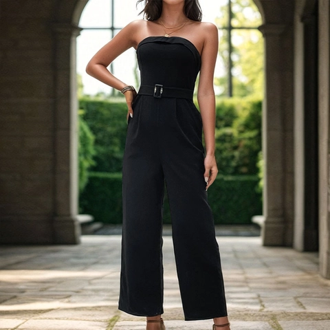 Tuta Intera Donna Elegante Senza Spalline Gamba Larga Con Cintura Senza Maniche Estate Pendolare Tinta Unita Nero Poliestere Pantaloni Lunghi