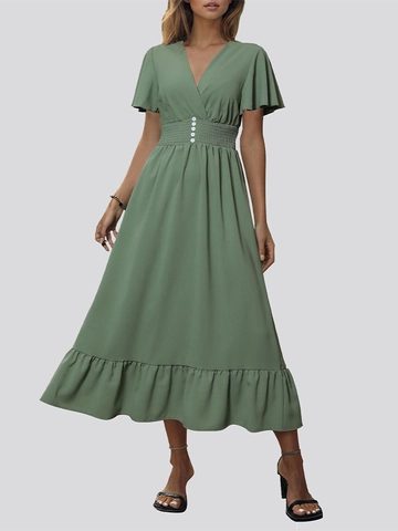 Women V Neck Ruffle Sleeve Smocked Waist Maxi Dress Solid Color Elegant Summer Beach Midi Dress With Decorative Buttons