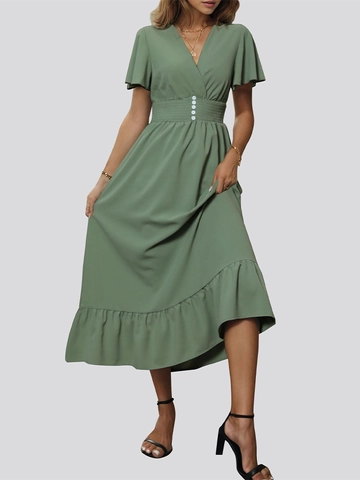 Women V Neck Ruffle Sleeve Smocked Waist Maxi Dress Solid Color Elegant Summer Beach Midi Dress With Decorative Buttons