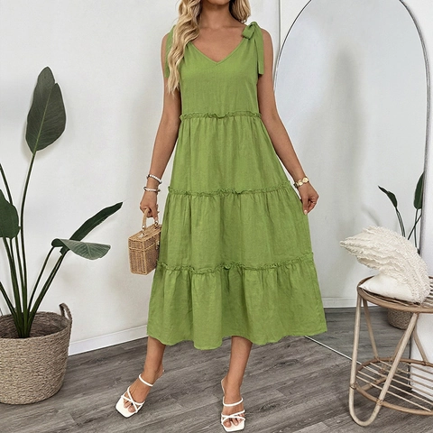 Women Summer V-Neck Tiered Maxi Dress Bow Tie Adjustable Straps Ruffle Cotton Solid Green Sleeveless Casual Vacation Dress