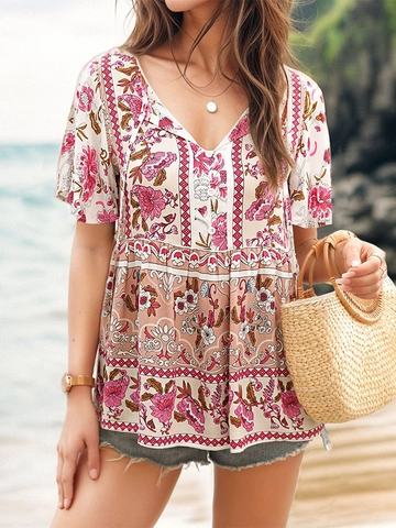 Women Bohemian Floral Print Blouse V-Neck Tie Front Short Flounce Sleeve Ruffle Peplum Hem Summer Vacation Casual Top