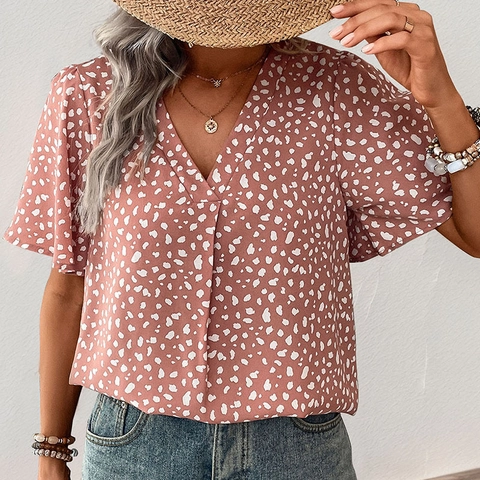Damen Leopardenmuster V-Ausschnitt Bluse Kurzarm Volantärmel Sommer Pullover Top Elegant Chiffon Stil Shirt Urlaub Bekleidung