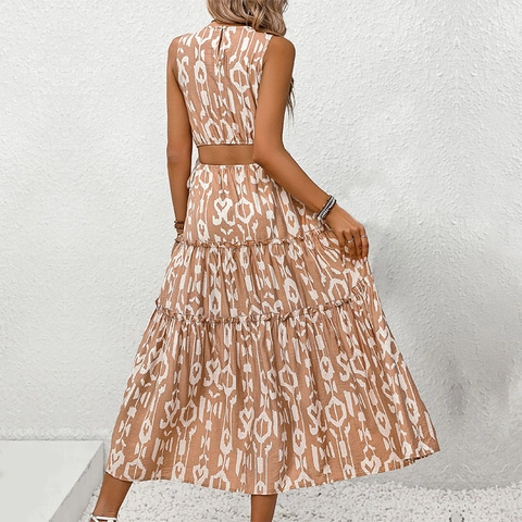 Dames Boheems Mouwloos Gelaagde Maxi Jurk Katoen Ronde Hals Hoge Taille Uitsparing Geometrische Print Zomerjurk