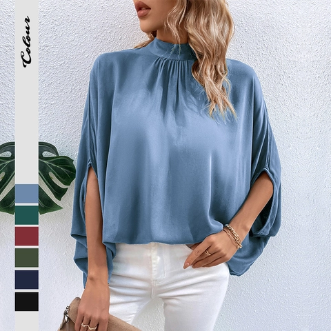 Elegant Women Mock Neck Pleated Blouse Satin Look Batwing Sleeve Side Split Shirt Vintage Back Bow Tie Office Tops