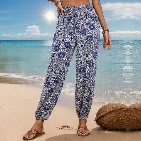 Pantalon Bohème à Taille Haute pour Femmes Imprimé Mandala Pantalon Sarouel en Rayonne Avec Taille Élastique Smockée Vacances Plage