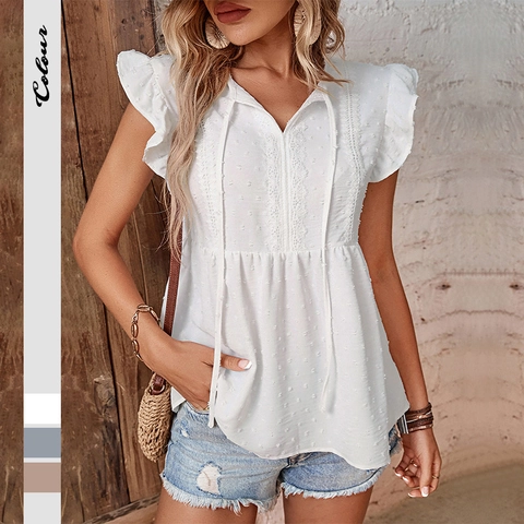 Blouse Femme Point Suisse Col en V Patchwork Dentelle Manches Courtes Volants Top Peplum Bohême Chic Été Décontracté